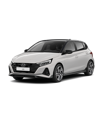 Hyundai i20 in Weiß in Seitenansicht vor hellem Hintergrund. Promotionbild für sofort verfügbaren Hyundai i20 zu attraktiven Konditionen.