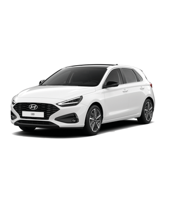 Hyundai i30 in Weiß in Seitenansicht vor hellem Hintergrund. Promotionbild für sofort verfügbaren Hyundai i30 zu attraktiven Konditionen.